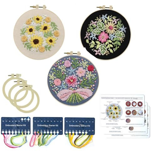 3 Stück Sticken für Anfänger, Sticken Set Erwachsene Stickerei Starter Kit mit 3 Stück Stickrahmen Anleitung und Werkzeuge Blumenmuster Pflanzen Stickset für Anfänger für DIY Kunst Embroidery Kit