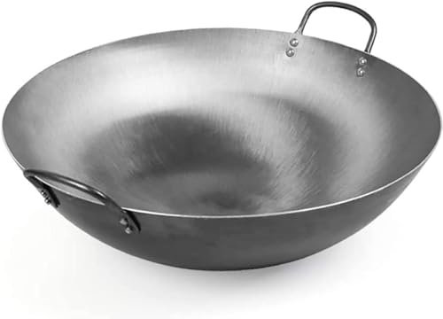 IUBGFTO Wok Großer schwerer Wok aus handgehämmertem Kohlenstoffstahl (runder Boden), Woks und Pfannen, 50 cm (36 cm)