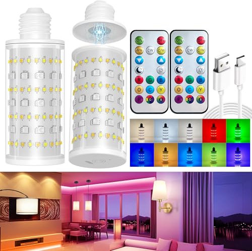 Battery Operated Light Bulb With Remote Control, 2 Pack Rechargeable Light Bulbs 360° lighting For Non-Hardwired Lamp, 10000mAh RGB Dimmable Bulbs Lighting Time Up To 60 Hrs for Home Power Outage