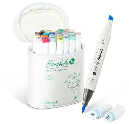 Ohuhu Markers, 24+1 Colours Supreme Brush & Chisel Double Tipped Refillable Alcohol Markers, Art Pens for Artist Adults Colouring Sketching Calligraphy Design Illustrations - Honolulu Plus Series