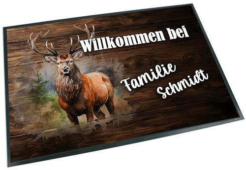 Unikatolo Fußmatte Hirsch mit Name personalisiert - rustikaler Abtreter für Flur & Eingangsbereich, Türeingang, Willkommen, Einzug, zum Geburtstag für Jäger Weidmannsheil (Hirsch-1, 60x40cm)