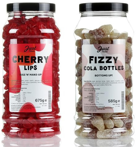 Just Treats Fizzy Cola Bottles and Cherry Lips - Sweet Gift Jars of Classic Cola Combo - 11,5