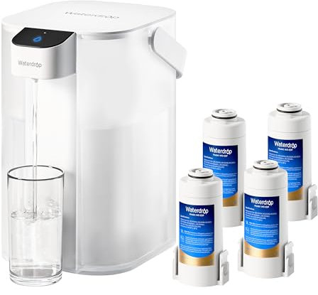 Waterdrop Instant Electric Water Filter Jug with 4 3-Months Filter, 3.5L Countertop Water Filter System, Reduces Chlorine, Lead, Mercury, Reduce PFAS, PFOA/PFOS, 757 Litres, White (4 Filter Included)