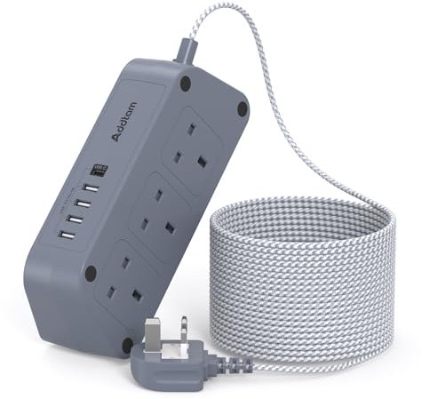 Gray Extension Lead with USB Slots，6 Way Outlets 5 USB(5A, 1 USB- C and 4 USB-A Port) with 5M Braided Extension cord, 3250W Overload Protection，Security Surge Protection Plug Extension Socket