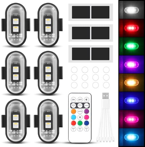 Mineup 6 pezzi Strobe Drone Light Flash, 8 Colori Drone LED Luci Notturne di Segnalazione di Allarme, Luce stroboscopica del drone, Ricarica USB Luci Flash, Luce lampeggiante a LED per Droni Moto
