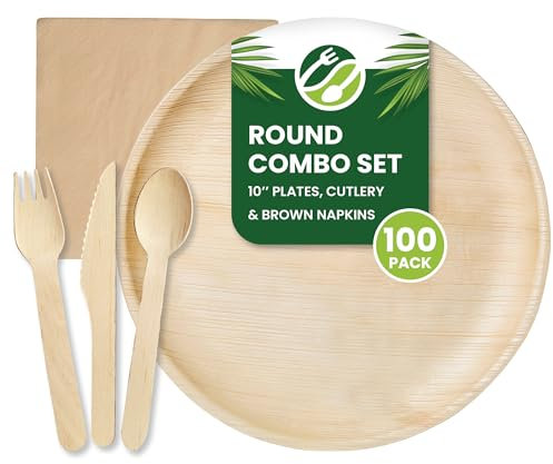 Eco Leaf 500pcs Disposable Palm Leaf Plates, Wooden Cutlery Set, Brown Napkins – 100 Large Round Plates, 100 Forks, Knives, and Spoons, 100 Brown Napkins – Eco-Friendly, Suitable for Parties