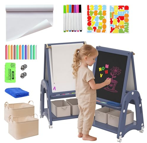 Hominewti Kunststaffelei für Kinder, Kunststaffelei mit Papierrolle, doppelseitiges Whiteboard, Kreidetafel, trocken abwischbar, höhenverstellbar, für Jungen und Mädchen, Geschenke, Blau