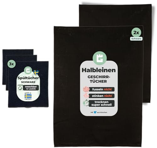 Grünschloss Geschirrtücher Halbleinen & Spültücher Schwarz - Set 2X Geschirrtuch 50x70cm groß (saugstark + ohne müffeln) + 3X Spüllappen waschbar - Leinen & Baumwolle Küchentücher Made in EU