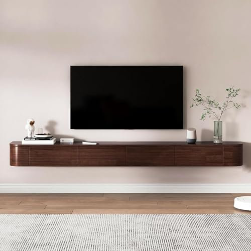 Kchsdool Meuble TV bas moderne suspendu avec éclairage LED - En bois massif - Avec tiroirs et étagères - Console multimédia pour salon - Marron - 180 cm
