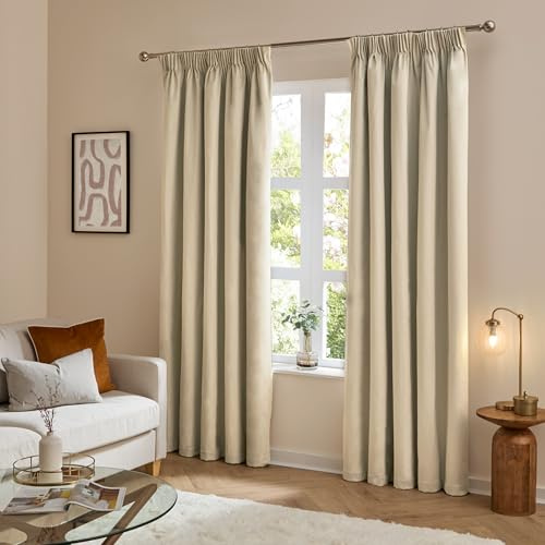 furn. The Ultimate Velvet Pencil Pleat Curtains (Beige-117x137cm) | Soft Stylish Light Filtering Matte Velvet Curtain Pair