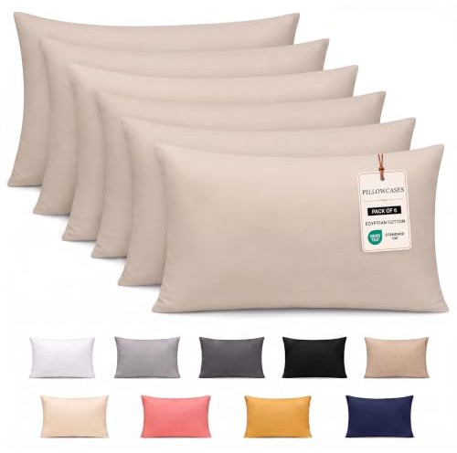 Pamposh 300 Thread Count 100% Egyptian Cotton Pillow Cases 6 Pack Breathable Ultrasoft Taupe Pillow Covers