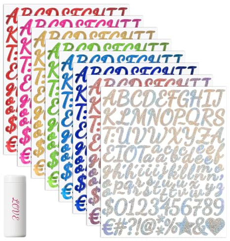 8 Sheets Glitter Letter Stickers, 1 Inch Colorful Vinyl Alphabet and Number Stickers Self-Adhesive Sticky Letter Sticker for Scrapbooking Water Bottle Name Tag Classroom Decor DIY Arts Crafts
