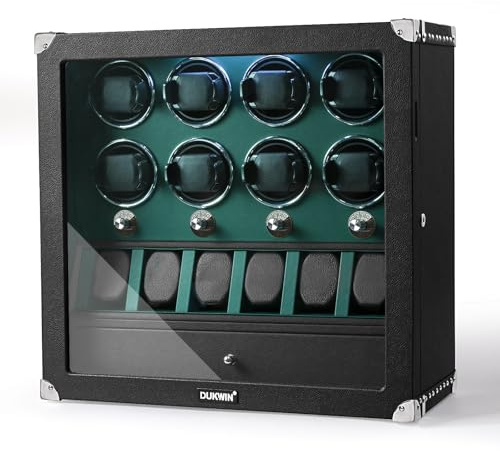 DUKWIN Uhrenbeweger für 8 Automatikuhren, abschließbar, super leiser Motor mit Hochglanz-Klavierlack-Finish, integrierte Beleuchtung, Mikrofaser-Leder, Grün