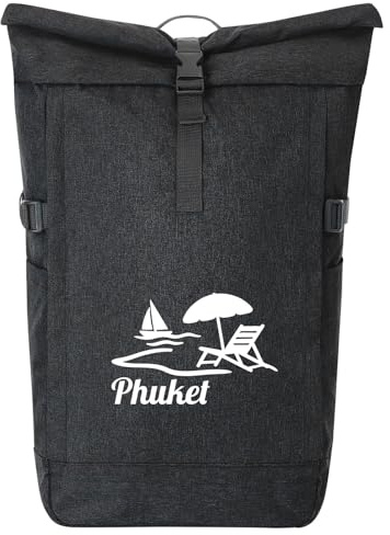 Huuraa Kurierrucksack Phuket Inselmotiv Thailand Geschenk | 30-44 Liter Backpack Black Melange Fairtrade Rolltop Rucksack Geschenkidee Schwarzer Laptop-Rucksack passend für 17-Zoll