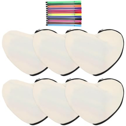 Healeved 1 Set de Estuche de Lona con Cremallera en Forma de corazón con marcadores y Plantillas – Bolsas de Maquillaje en Blanco para Manualidades y Pintura – Estuche de cosméticos y artículos