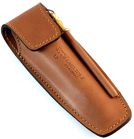 LAGUIOLE en Aubrac Lederetui mit Wetzstab, Gürteltasche braun für Taschenmesser und Sommelier Kellnermesser