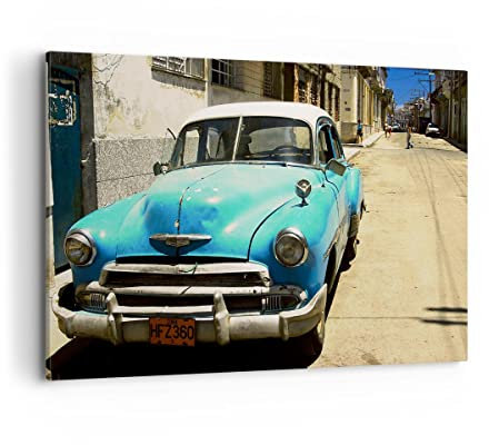 Wandbilder Dekoration Wohnzimmer Auto Klassiker Kuba Havanna Bilder auf Leinwand 120x80cm Leinwandbild Schlafzimmer Deko Wand Kunstdruck Art Groß XXL Wanddeko Bild Wall Decor Canvas AA120x80-1401