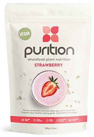 Purition Vegan Strawberry, Natural, Gluten Free, High Protein, Dairy Free, Low Sugar, Keto, Meal Replacement Shake for Healthy Weight Management, 500g, 12 servings