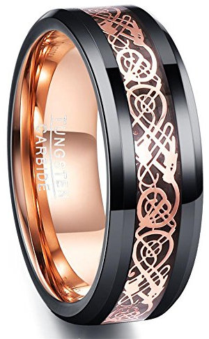NUNCAD Ring Wolfram Herren/Damen 8mm Breit Rosegold Keltische Drachen mit Kohlefasern für Hochzeit Verlobung Trauung und Geburtstag Größe 70(22.3)