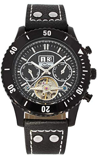 SELVA Herren-Armbanduhr ‚Vito‘ – Automatik – Offene Unruh – Edelstahl – Schwarz – Geliefert Geschenkbox