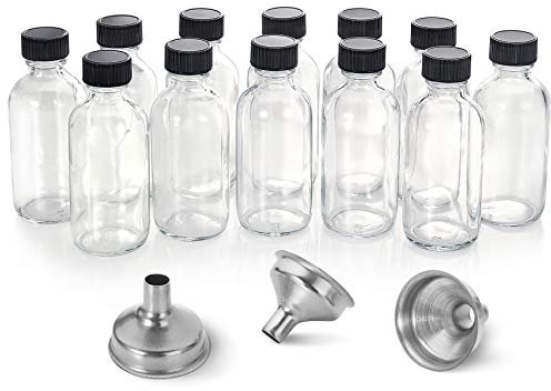 AOZITA 12 Pack, 2 oz Small Clear Glass Bottles w/Lid & 3 Funnels - 60ml Boston Shot Bottles for Health, Immunity, Potion, Wellness, Sample, Ginger, Juice - Mini Personal Care & Beauty Travel Bottle