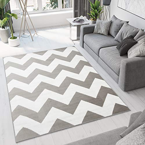 TAPISO Bali Teppich Kurzflor Modern Geometrisch Zig Zag Streifen Design Grau Weiß Wohnzimmer Schlafzimmer Jugendzimmer ÖKOTEX 250 x 350 cm