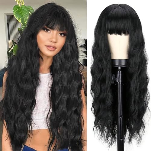 YEESHEDO Damen Perücke Lang Lockige Schwarz Perücken für Frauen mit Pony, Natürlich Lange Locken Black Wig, Anime Cosplay Halloween Wigs 28 Zoll (Schwarz)