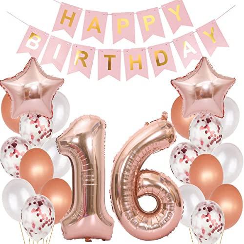 Hopewey 16. Geburtstag Dekoration Luftballons Roségold, 16. Geburtstag Dekoration für Mädchen, Roségold Luftballons Nummer 16, Happy Birthday Girlande Banner Girl 16. Geburtstag Dekoration Rose Gold S