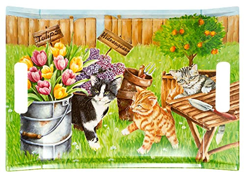 Lashuma Bandeja decorativa grande de 38 x 27 cm, bandeja para servir con asas, bandeja de comedor multicolor con diseño de pandilla de gatos