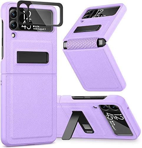 Caka Galaxy Z Flip 3 5G Kickstand Case with Camera Protector, Hinge Protection, Heavy Duty Shockproof Protection, Wireless Charging Cover for Samsung Galaxy Z Flip 3 - Purple
