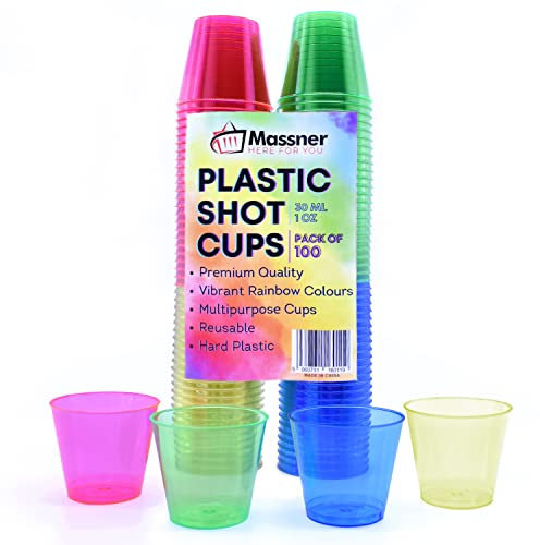 MASSNER 100 Shot Glasses Plastic Reusable - 30ml Colourful Shot Glasses Premium Hard Plastic Jelly Shots Cups