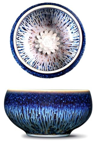 CmengAo Schöne Jianzhan Teetasse, 3D Silber Lotus eingelegte Keramik Teetasse handgefertigt ausgefallene Glasur Tenmoku Tasse chinesische Kungfu Teetasse (blau)