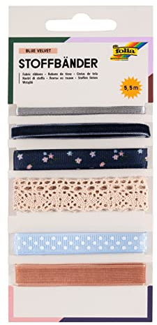 folia 12023 - Stoffbänder-Mix Blue Velvet mit 6 unterschiedlichen Schleifenbändern in den Farben Blau, Silber, Creme und Rosa, Bastelset zum Verzieren und Gestalten