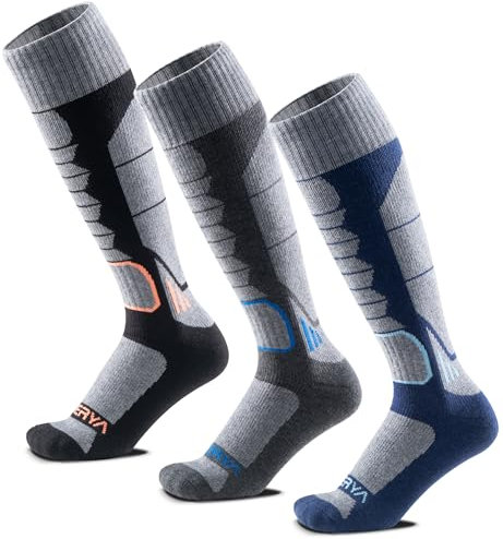 WEIERYA Calze Sci Uomo in Lana Merino - Calze da Sci per Uomo e Donna,Termiche, Antiscivolo, Ideali per Sci, Snowboard e Inverno,3 Paia,Nero Grigio Blu,41-44