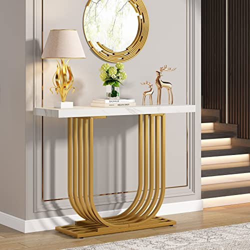 Tribesigns Table console moderne avec base dorée, 100 cm, imitation marbre, table d'appoint étroite avec pieds géométriques en métal pour salon, couloir, entrée, blanc et doré