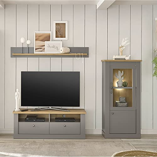 Lomadox Wohnwand Set im Landhaus Stil mit Beleuchtung in grau mit Artisan Eiche Nb., B/H/T ca. 233/150/44 cm