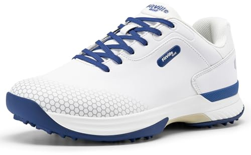 FitVille Mens Golf Shoes Extra Wide Fit Casual Sneakers Water Resistant Non Slip Outdoor Spiked Trainers for Golf Training, White Blue, 10 UK Wide