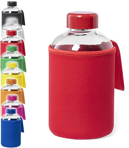 Generico Gourde de 600 ml en verre bouchon à vis couvercle poignée transport sport (ROUGE)