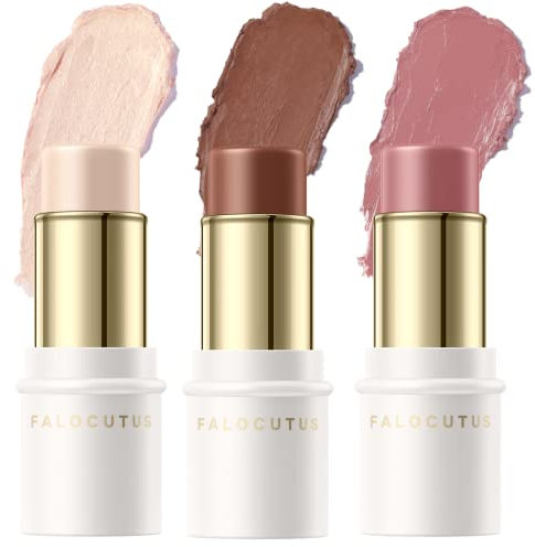 FALOCUTUS 3-teiliges neutrales Konturen-Stift-Set, Creme-Rouge und Highlighter-Stift, langanhaltender und glatter natürlicher Gesichtskontur-Leuchter, professionelles Make-up-Set für alle Haut