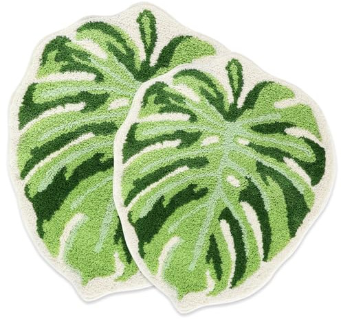 Litabel Green Leaf Badezimmerteppich-Set, rutschfest, saugfähig, getufteter | 2-teiliges Badematten-Set, 53,3 x 63,5 cm + 66 x 81,3 cm, niedliches Monstera-Design, Gummi-Rückseite, weich