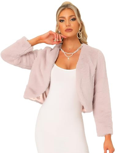 Allegra K Damen Langarm Kurze Jacke Kunstpelz Offen Front Crop Fell Hochzeits Braut Winterjacke Rosa L