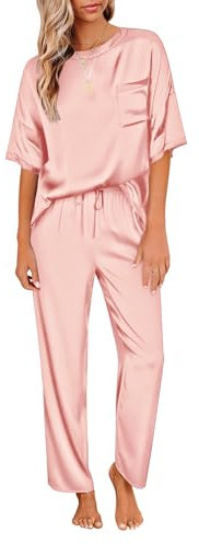 Ekouaer Pyjama Femme Manches Courtes Satin Vetement Ete Pantalon Femme Légère Ensemble Pyjama Col O Doux, Rose, S