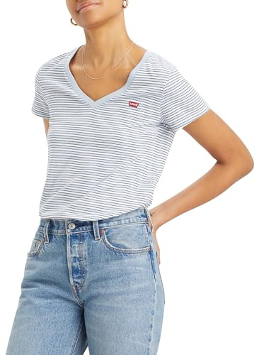 Levi's Women's Perfect V-Neck T-Shirt, Penny Stripe Kentucky Blue, XXS