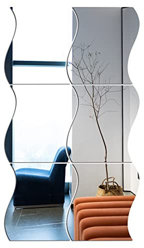 MoreChioce Miroir Adhesif Mural, 1mm Miroir Mural Verre Miroir Murale Adhesif Forme en Vagues DIY Decal Miroir de Style pour Salle de Bain, Salon, Miroir Maquillage,Argent,20cmx20cm