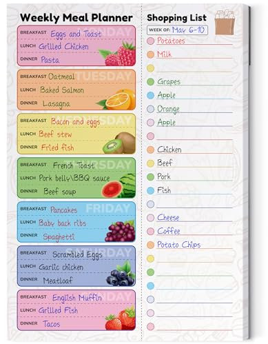 Zoe Deco Wöchentlicher Essensplaner (Obst, 18 x 25 cm), magnetischer Notizblock für Kühlschrank, 52 leicht abreißbare Blätter für Einkaufslisten