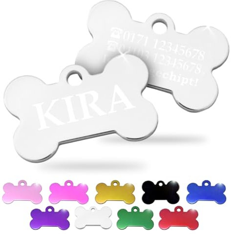 Ibera gifts - Hundemarke mit Gravur und personalisierte Hundemarke in Knochenform für kleine bis mittelgroße Hunde und Katzen (Silber, Keine Zeichnung)