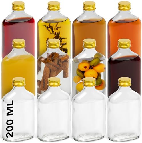 HEFTMAN Flask Small Glass Bottles - 10 Pack 200ml Glass Bottles with Lids, Empty, Airtight, Reusable 200ml Bottle - Perfect for Gin, Wine, Vinegar, Homemade Beverages, Sauces, Décor