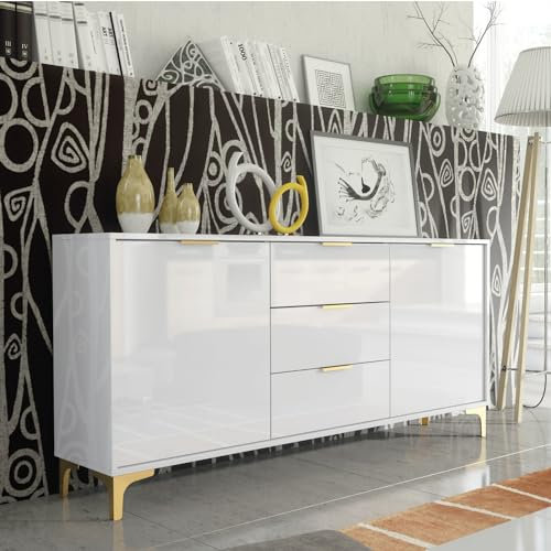 Creative Furniture Sideboard 140cm Luxury Modern TV Unit Stand - White High Gloss & Gold Finish Accents, LUX101