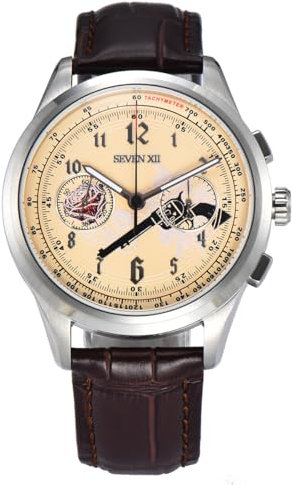 SEVEN XII Retro-Chronograph, mechanische Herrenuhr, Möwe ST1901, Uhrwerk, Handaufzug, Saphirglas, wasserdicht, klassische Armbanduhr für Herren, S002, Silber-rote Rose, Classic