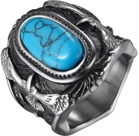 JewelryWe Ring Herren Türkis Siegelring: Vintage Herren-Ring mit Blau Oval Türkis Edelstahl Biker Adler Statement-Siegelring Bandring Band mit Gravur Silber Geschenk für Männer Ehemann Vater Größe 57